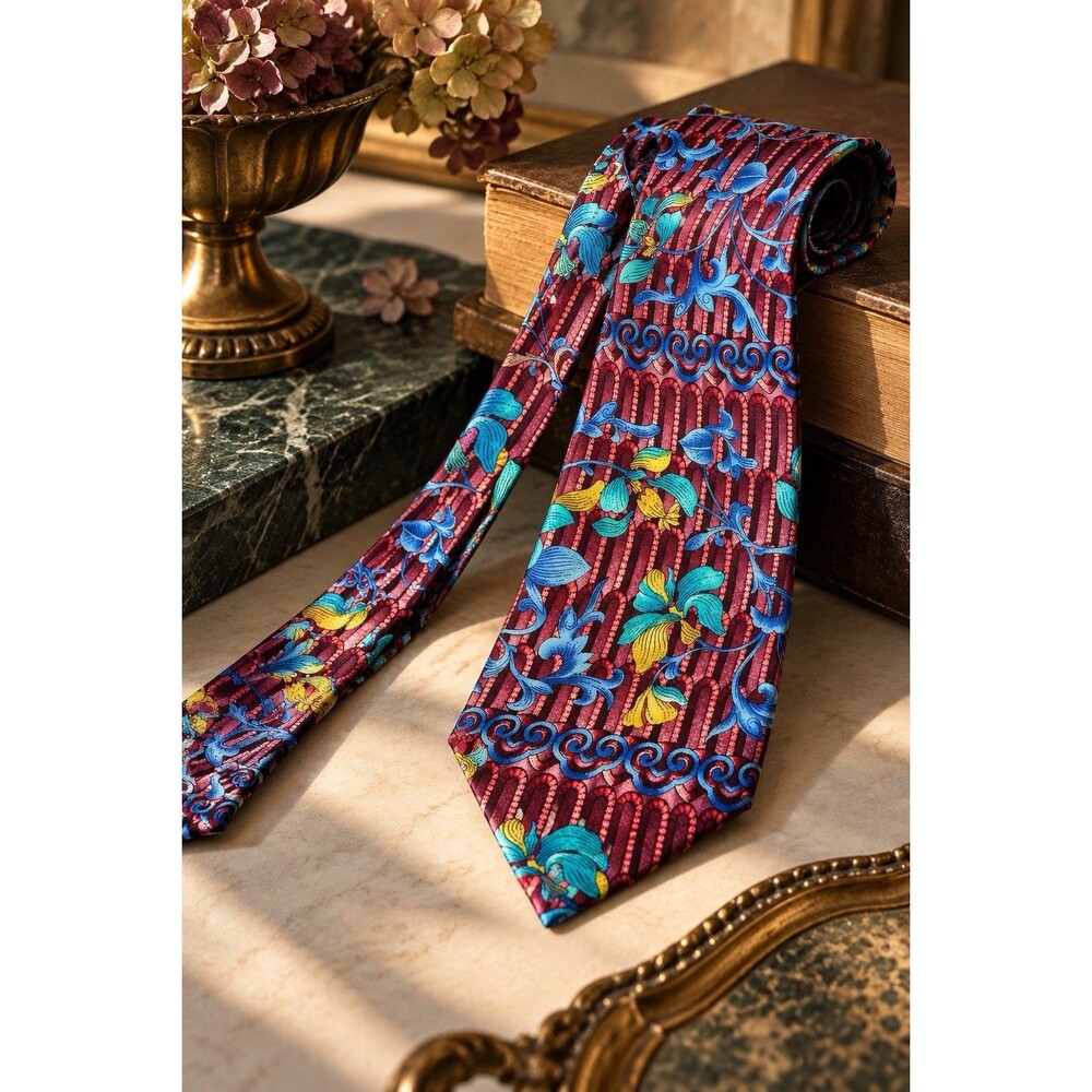 Metropolitan Museum of Art Silk Tie Burgundy Floral Architectural Print 58”